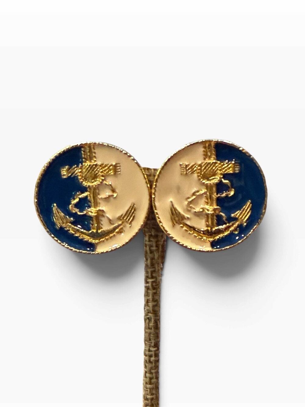 Vintage Gold Tone Cream Navy Blue Enamel Anchor Nautical Clip On Earrings 60s